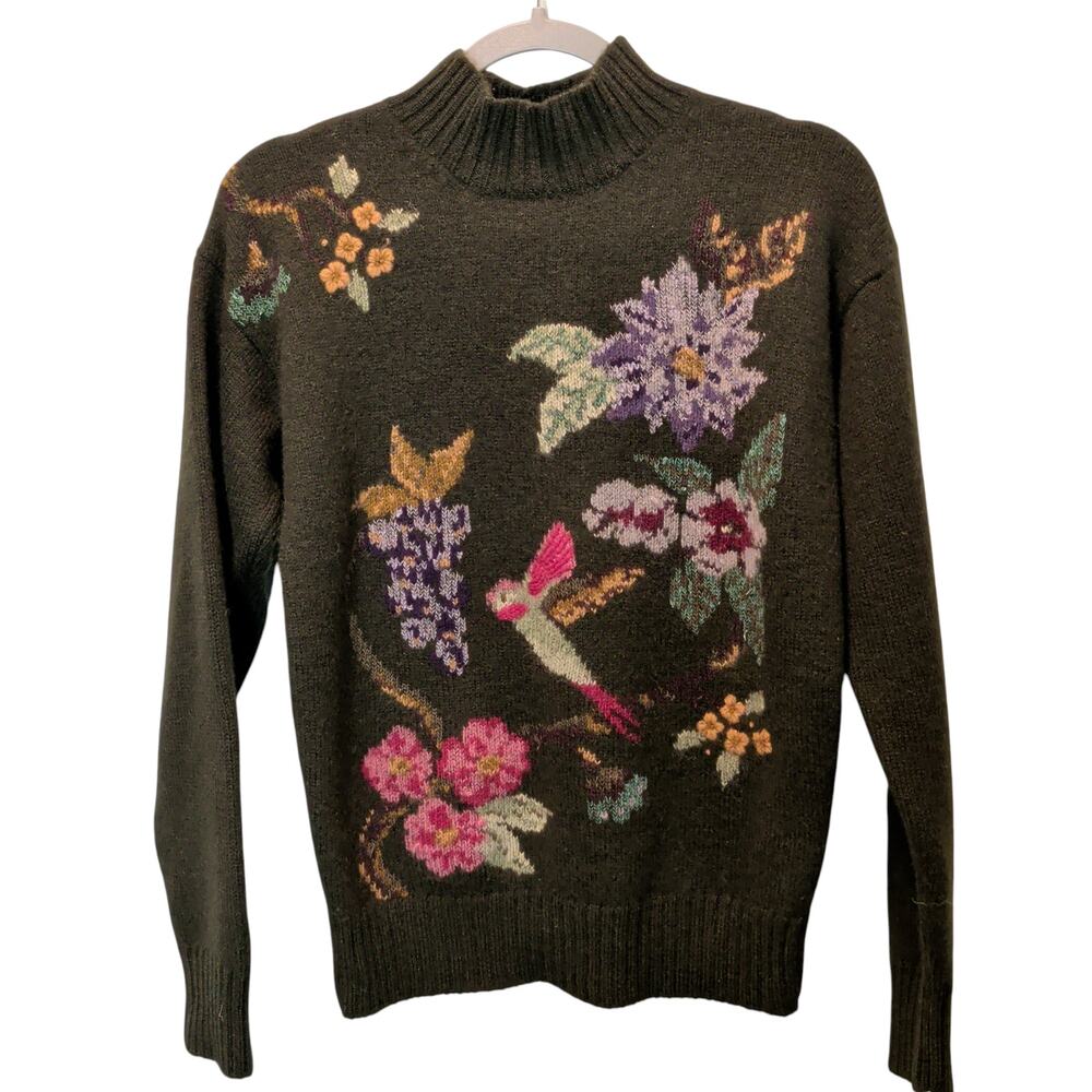 Vtg Herman Geist Sz M Hand Embroidered Green Hummingbird Wool Sweater Mock Neck